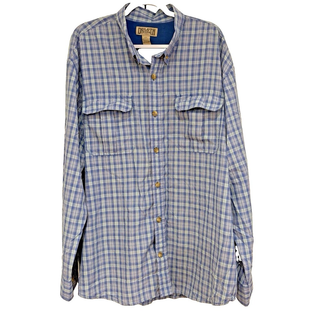 Duluth Trading Co Shirt Mens 2XL Fishing Blue Plaid Long Sleeve Pockets Outdoor